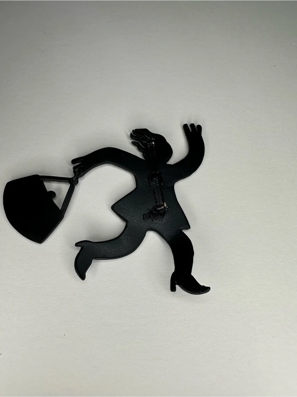 JJ Jonette 1988 Matte Black Woman Running with Purse Brooch Lapel